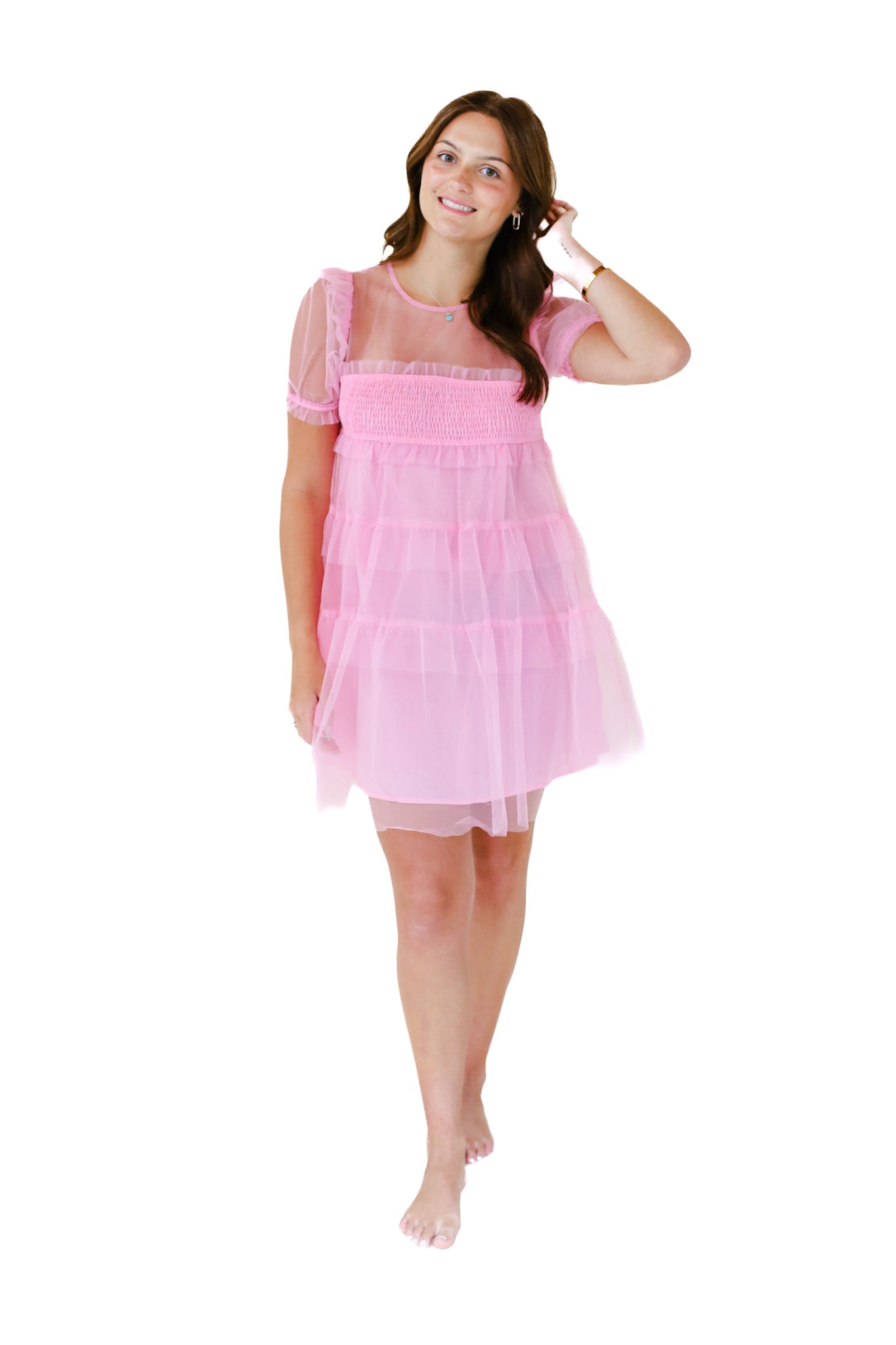 Mesh Tiered Dress, PINK & WHITE