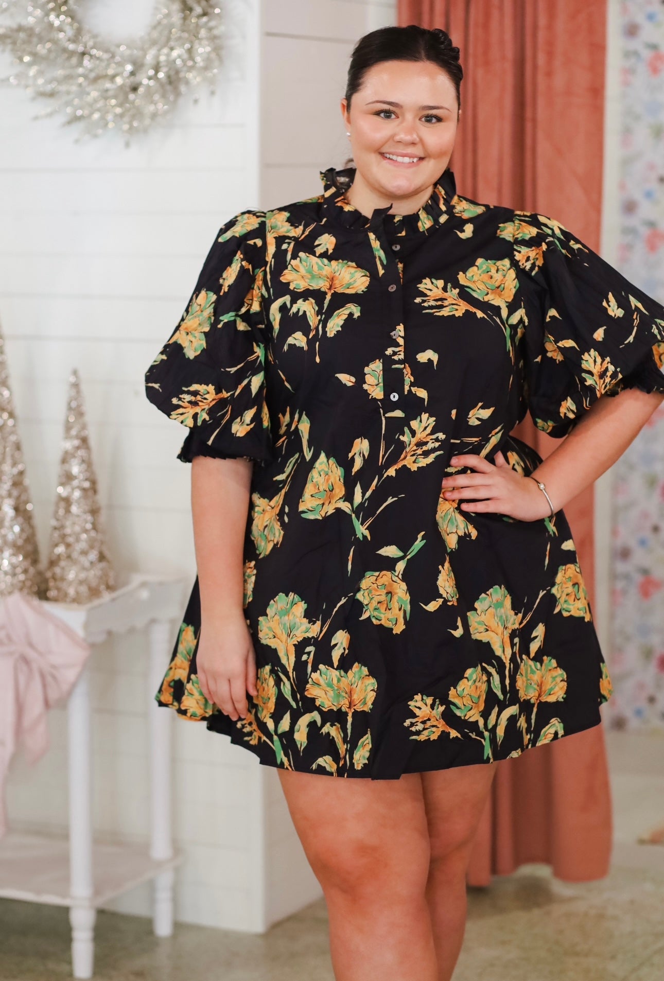 PLUS SIZE Reese Floral Dress, BLACK