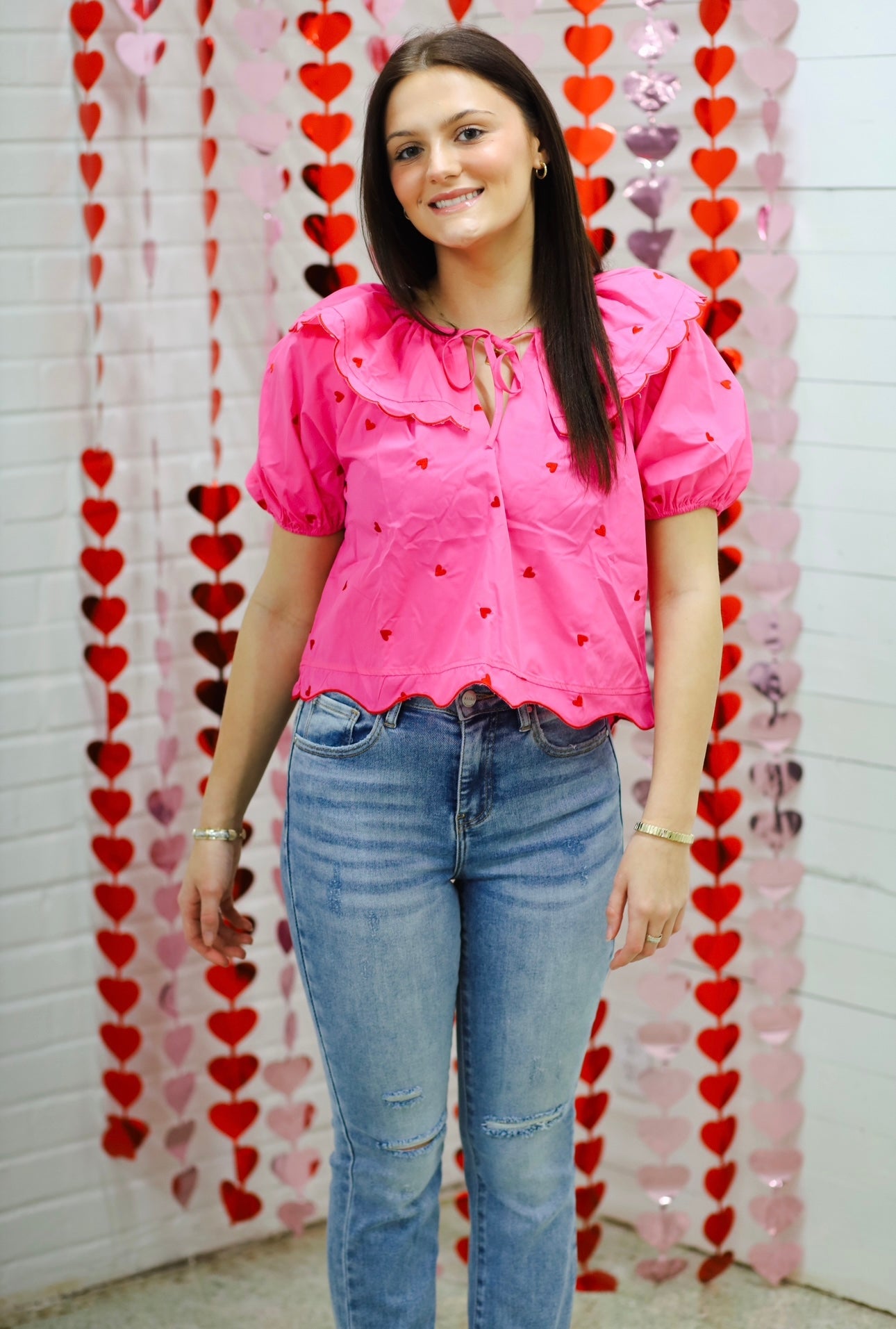 Juliet Embroidered Heart Top, PINK