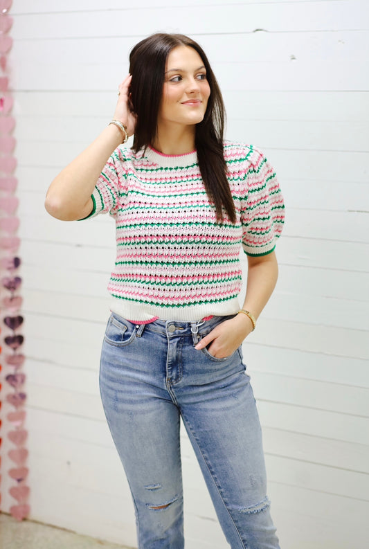 Emma Puff Sleeve Sweater, WHITE MULTI