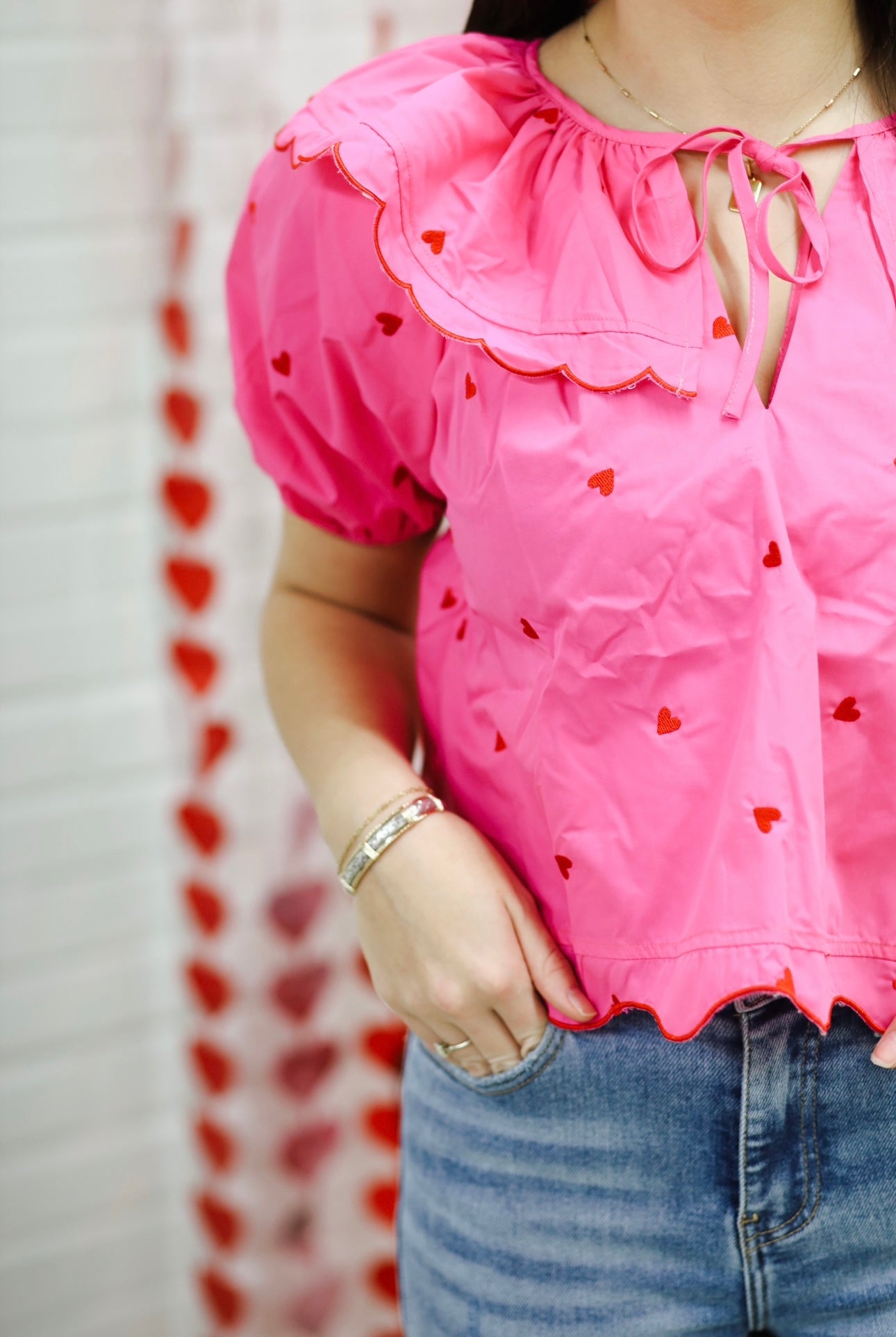 Juliet Embroidered Heart Top, PINK